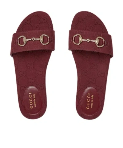 Gucci Horsebit Gg Canvas Slides In Burgundy