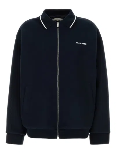 Miu Miu Piquet Jacket With Ribbed Cuffs And Hem In Blue