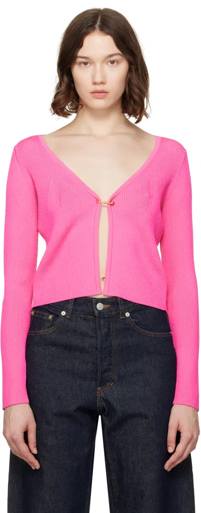 Versace Pink Safety Pin Ribbed Knit Fitted Cardigan