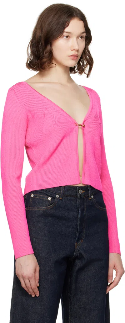 Versace Pink Safety Pin Ribbed Knit Fitted Cardigan