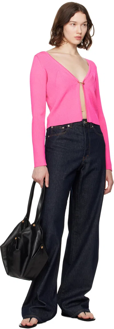 Versace Pink Safety Pin Ribbed Knit Fitted Cardigan