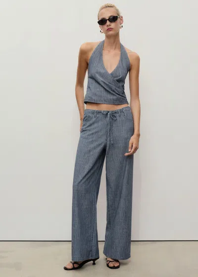 Mango Striped Crossover Denim Top Blue