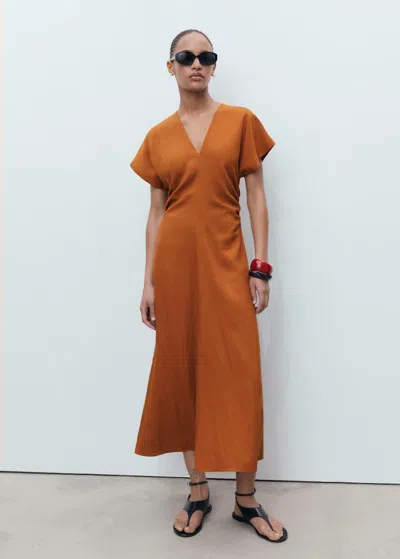 Mango Midi Dress With Gathered Sides Brown