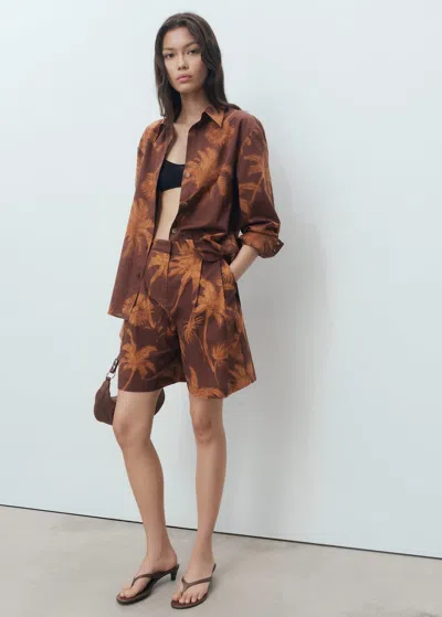 Mango Cotton Bermuda Shorts With Palm Tree Print Brown In Brown