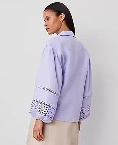 Ann Taylor Embroidered Linen Puff Sleeve Blouse