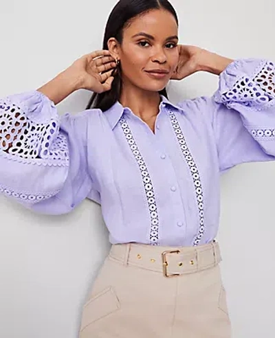 Ann Taylor Embroidered Linen Puff Sleeve Blouse