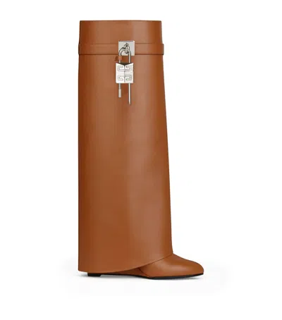 Givenchy Leather Shark Lock Knee High Boots 90 In Brown