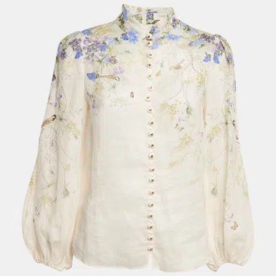 Pre-owned Zimmermann Cream Citrus Butterflies Print Linen Button Front Blouse S