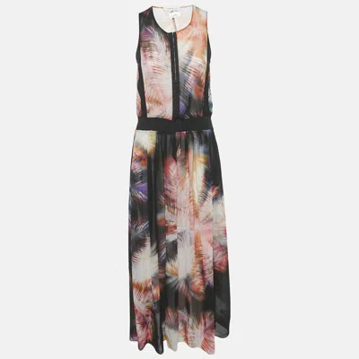 Pre-owned Sandro Pink Printed Silk And Rib Knit Trim Maxi Dress S