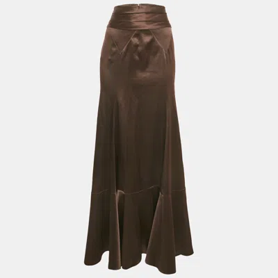 Pre-owned Just Cavalli Brown Stretch Satin Maxi Skirt M