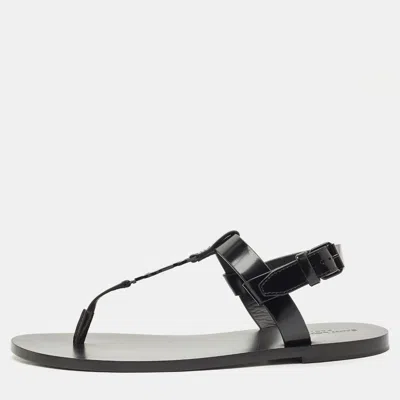 Pre-owned Saint Laurent Black Leather Cassandre Thong Sandals Size 45