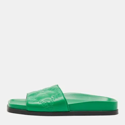 Pre-owned Gucci Green Leather Gg Matelassè Embroidered Flat Slide Sandals Size 38