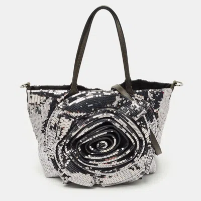 Pre-owned Valentino Garavani Silver/grey Sequins Rose Petal Shopper Tote