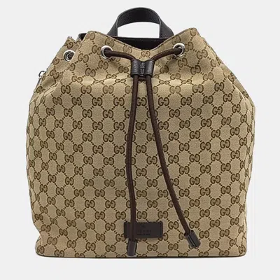 Pre-owned Gucci Beige Brown Fabric Jacquard Backpack In Sand