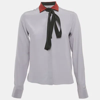 Pre-owned Valentino Grey Silk Contarst Neck Detail Shirt S
