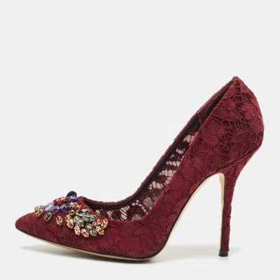 Pre-owned Dolce & Gabbana Burgundy Lace Jewel Embellished Pumps Size 40