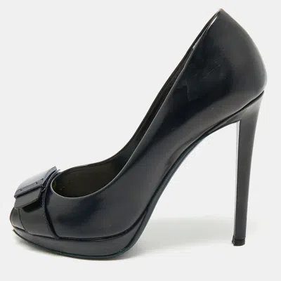 Pre-owned Dior Navy Blue Leather Logo Plaque Peep Toe Pumps Size 38