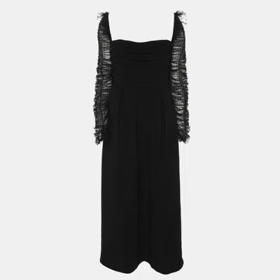 Pre-owned Self-portrait Black Dots Mesh Sleeved Crepe Midi Dress L