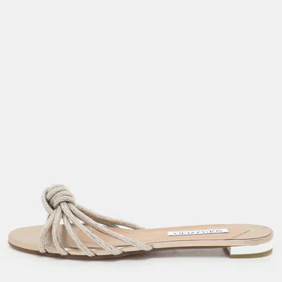 Pre-owned Aquazzura Beige Crystal Embellished Suede Celeste Flats Size 38