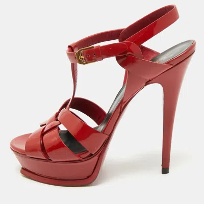 Pre-owned Saint Laurent Dark Red Patent Leather Tribute Platform Sandals Size 38.5