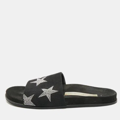 Pre-owned Stella Mccartney Black Faux Suede Star Embellished Flat Slides Size 37 In Silver