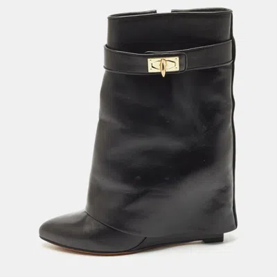 Pre-owned Givenchy Black Leather Shark Lock Wedge Ankle Length Boots Size 38