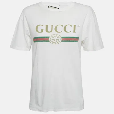 Pre-owned Gucci White Vintage Logo Print Jersey Distressed T-shirt Xxs