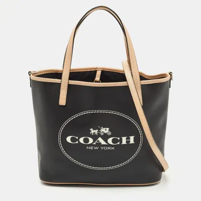 Pre-owned Coach Black/tan Coated Canvas Small Metro Horse Carriage Shopper Tote
