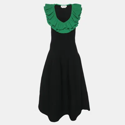 Pre-owned Alexander Mcqueen Black/green Jersey Flounced Plunge Neck Dress S