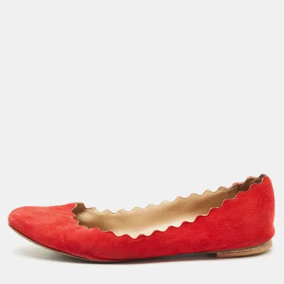 Pre-owned Chloé Red Suede Lauren Scalloped Ballet Flats Size 37.5