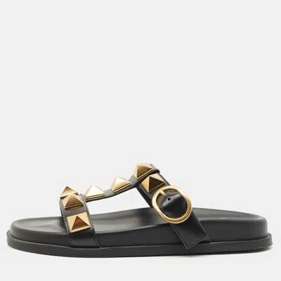 Pre-owned Valentino Garavani Black Leather Roman Stud Flat Slide Sandals Size 36