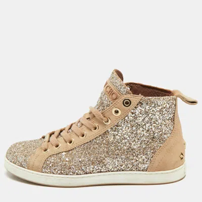 Pre-owned Jimmy Choo Beige/silver Glitter And Suede High Top Sneakers Size 38