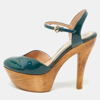 Pre-owned Gucci Teal Green Patent Leather Platform Ankle Strap Sandals Size 35
