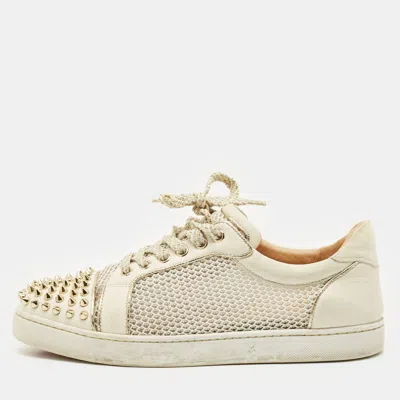 Pre-owned Christian Louboutin Cream Leather And Mesh Vieira Lace Up Sneakers Size 40 In White