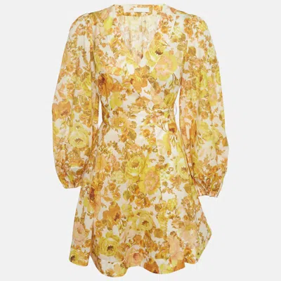 Pre-owned Zimmermann Orange Floral Print Cotton Wrap Mini Dress M