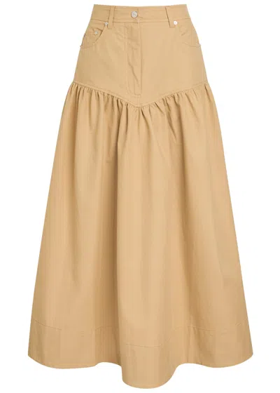 Ganni Gathered Cotton And Linen Maxi Skirt In Brown