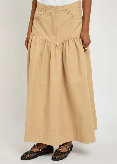 Ganni Gathered Cotton And Linen Maxi Skirt In Brown