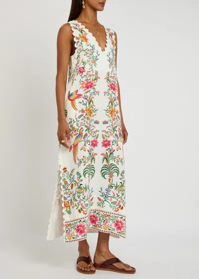 Farm Rio Delicate Forest Scalloped-hem Bird-print Maxi Dress In White