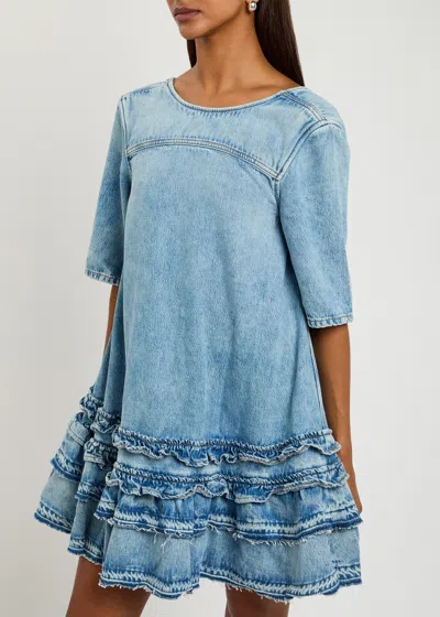 Ganni Ruffled Denim Minidress In Blue