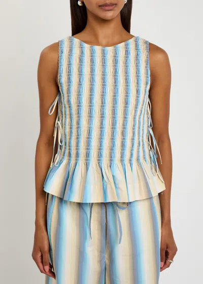 Ganni Ombre Stripe Smocked Cotton-poplin Top In Multi