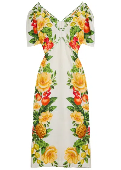 Farm Rio Picnic Flower Printed Linen Maxi Dress In Multi