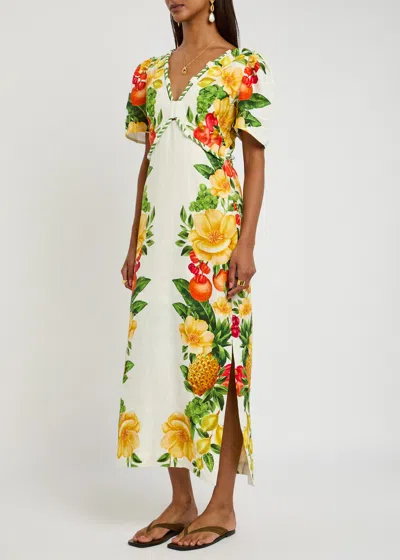 Farm Rio Picnic Flower Printed Linen Maxi Dress In Multi