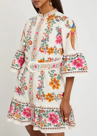 Farm Rio Off-white Delicate Forest Scarves Organic Cotton Mini Dress