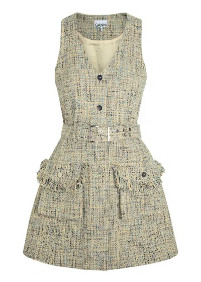Ganni Belted Tweed Mini Dress In Multi