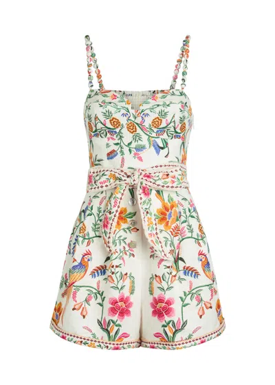 Farm Rio Delicate Forest Printed Linen Romper In Multi