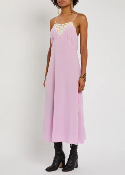 Chloé Chloe Lace-trimmed Silk Crepe De Chine Midi Dress In Pink
