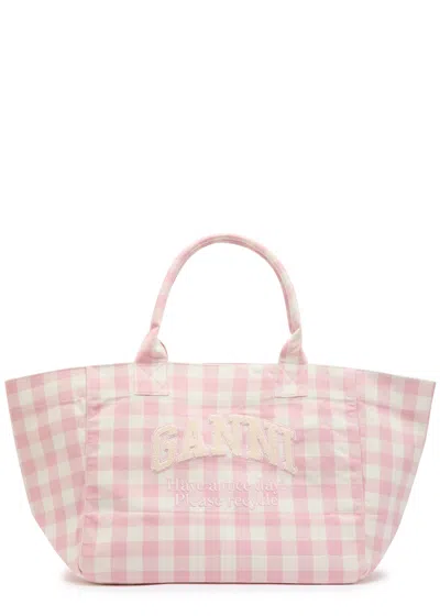 Ganni Vichy Xxl Checked Shopper Canvas Tote