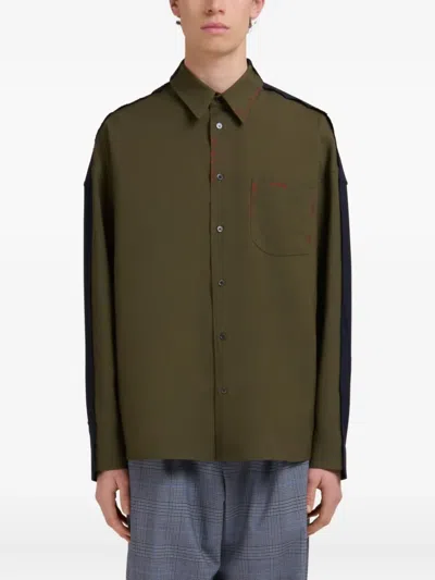 Marni Deep Green Tropical Wool Shirt With Contrast Back In Multi