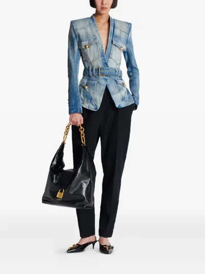 Balmain 1-button Belted Denim Jacket In Blue