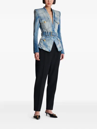 Balmain 1-button Belted Denim Jacket In Blue
